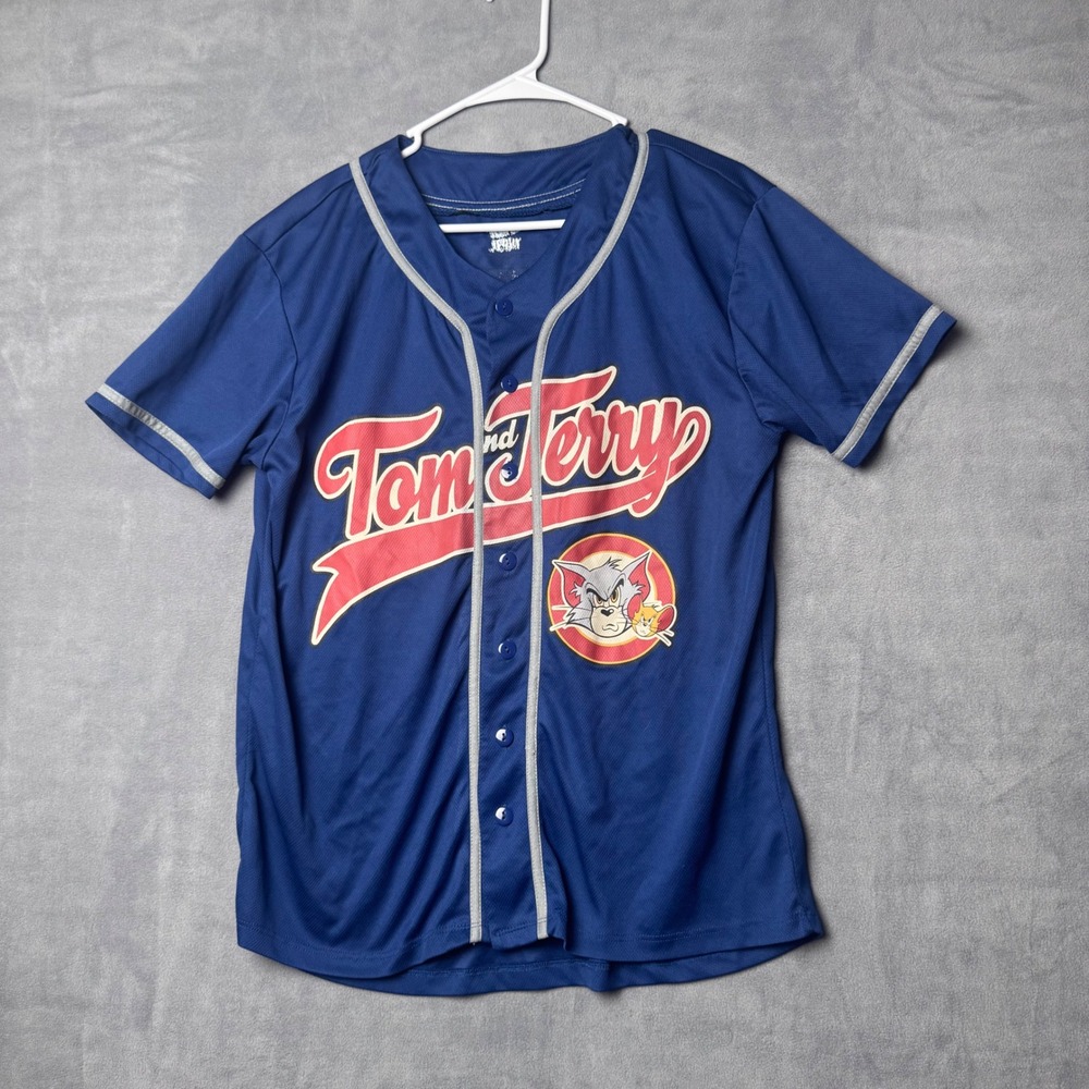 Tom and Jerry Baseball Jersey Blue Short Sleeve Cartoon Graphic Shirt Mens M